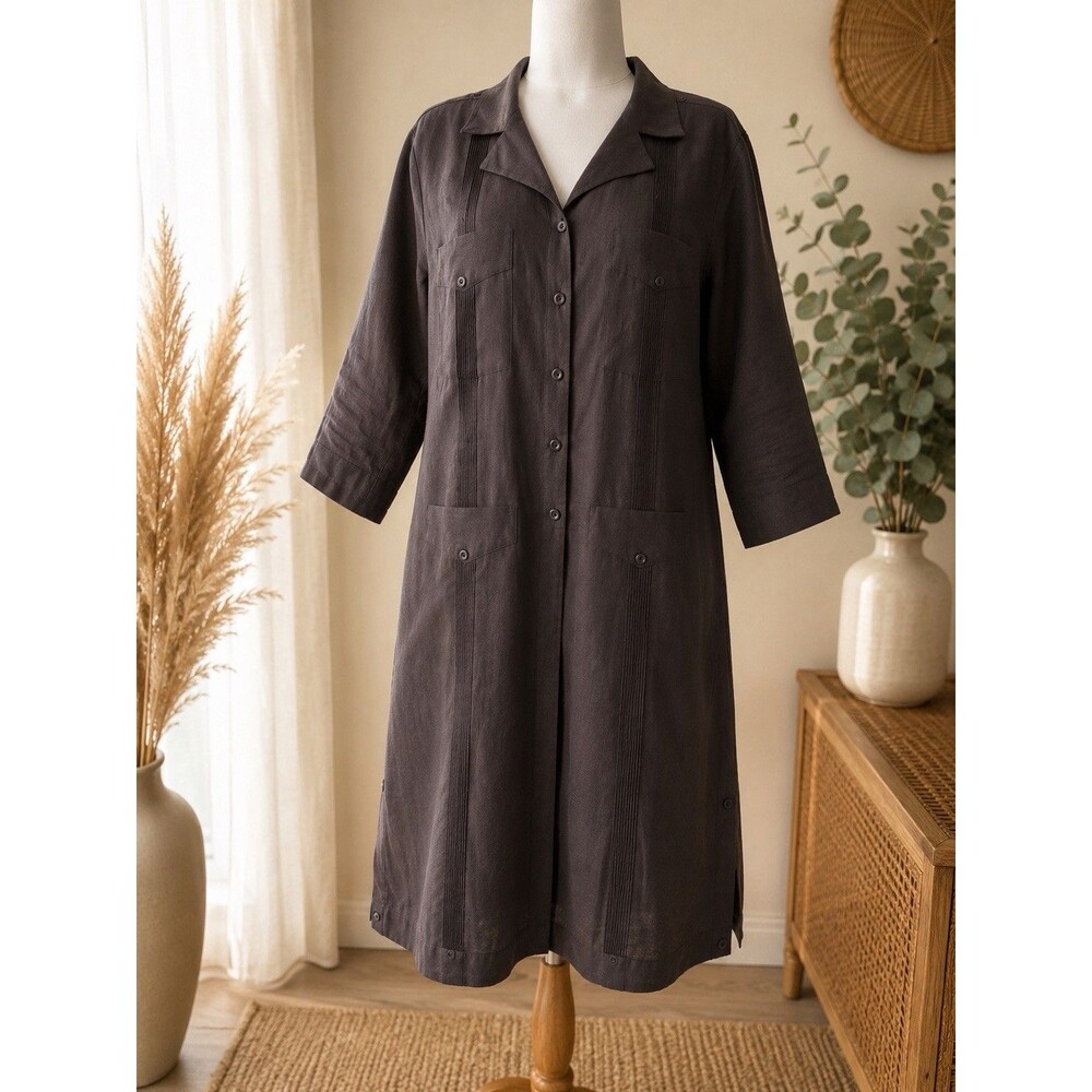 Vintage JMP Fashions Black Guayabera Long Shirt Dress XL Shiny Polished Suiting